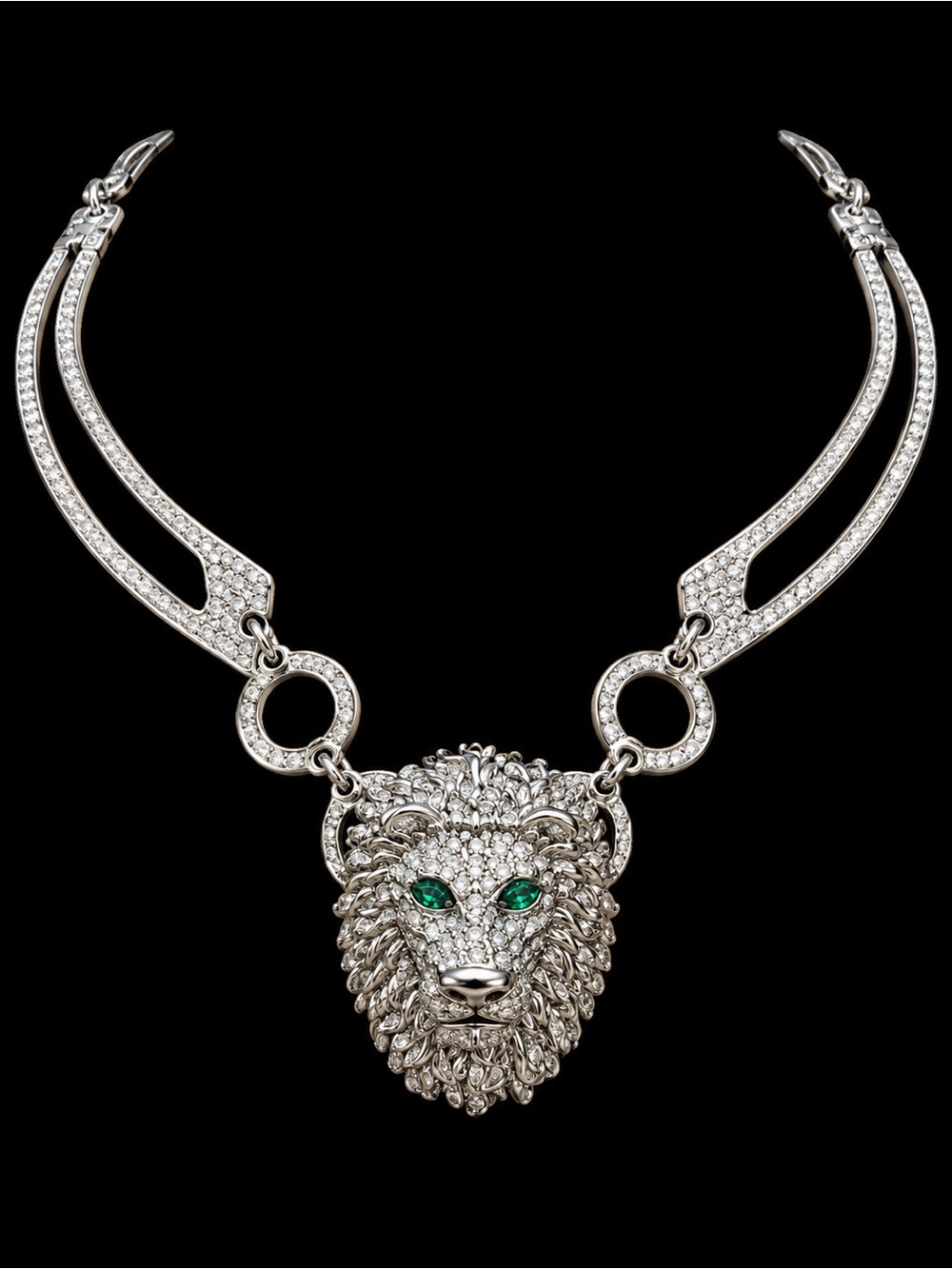 Silver Lion Head Necklace with Emerald Eyes - Women Jewelry
